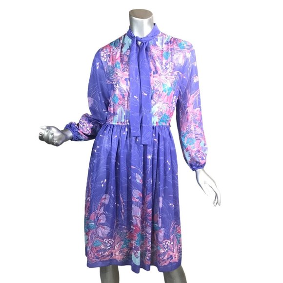 Vintage Mavinette Dress Women's Small/Medium Purple Pink Blue Floral Pattern 3/4 - Picture 3 of 16